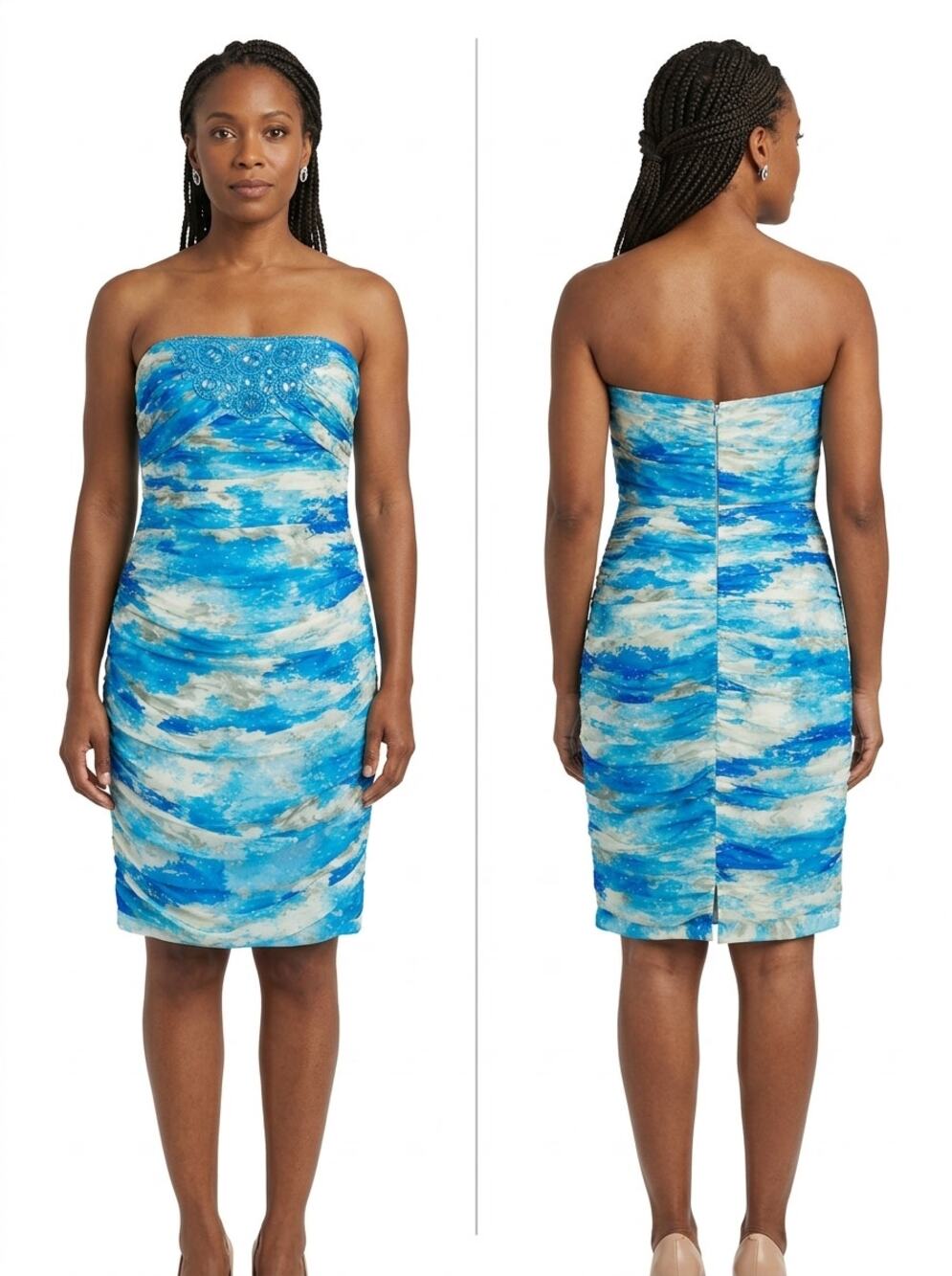 Carmen Marc Valvo 100% Silk Blue Strapless Ruched Dress Women Size 6